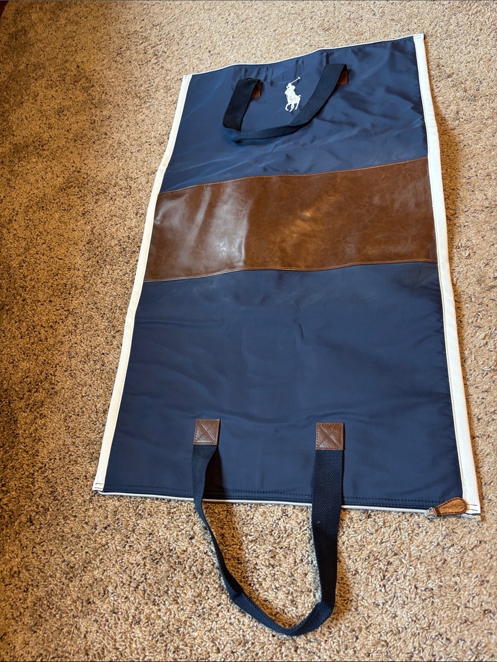 Polo by Ralph Lauren Navy Blue and Brown Leather Trim Garment Bag Tote